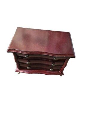 Wood Footed Armoire Trinket Jewelry Box Mirror Blue White Fabric Lining Drawers